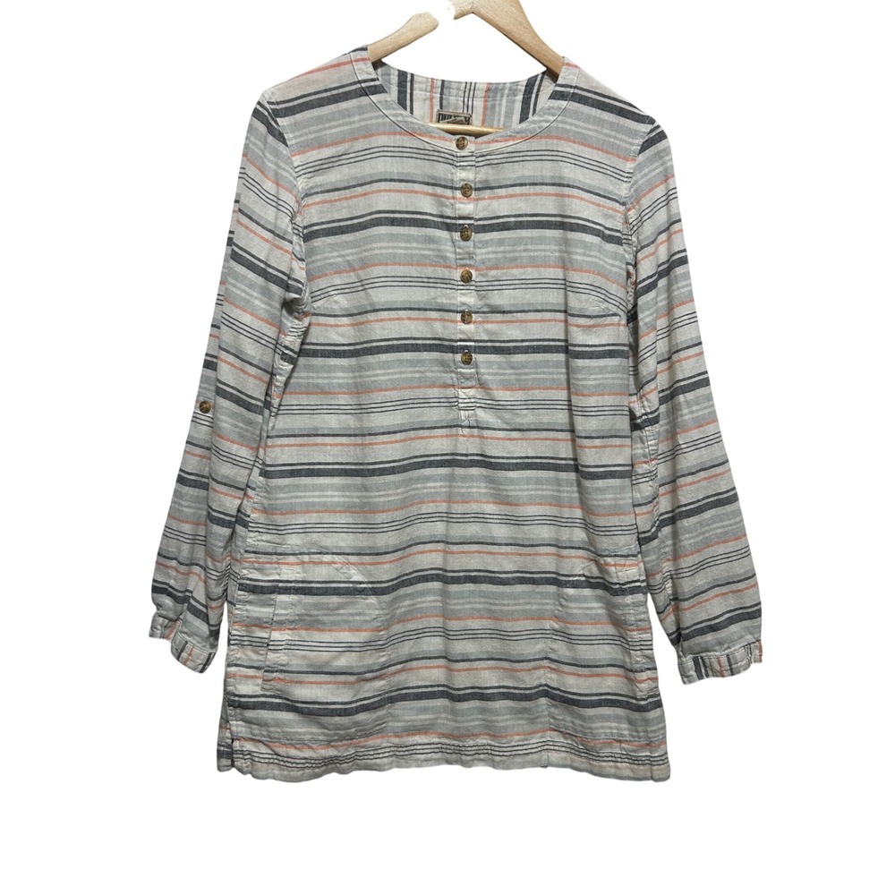 Duluth Trading Co Women Henley Tunic Top M Hemp Organic Cotton Striped Coastal
